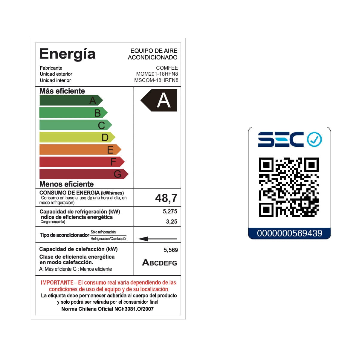 Aire Acondicionado Split Inverter Comfee 18000 BtuH